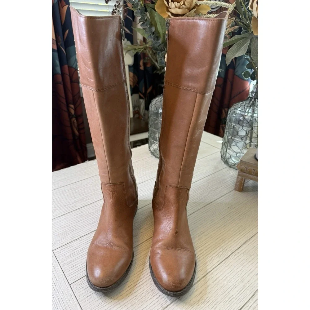 Etienne Aigner Womens Leather Tall Riding Boots Tan Sz 9 M‎ Zip Close Block Heel